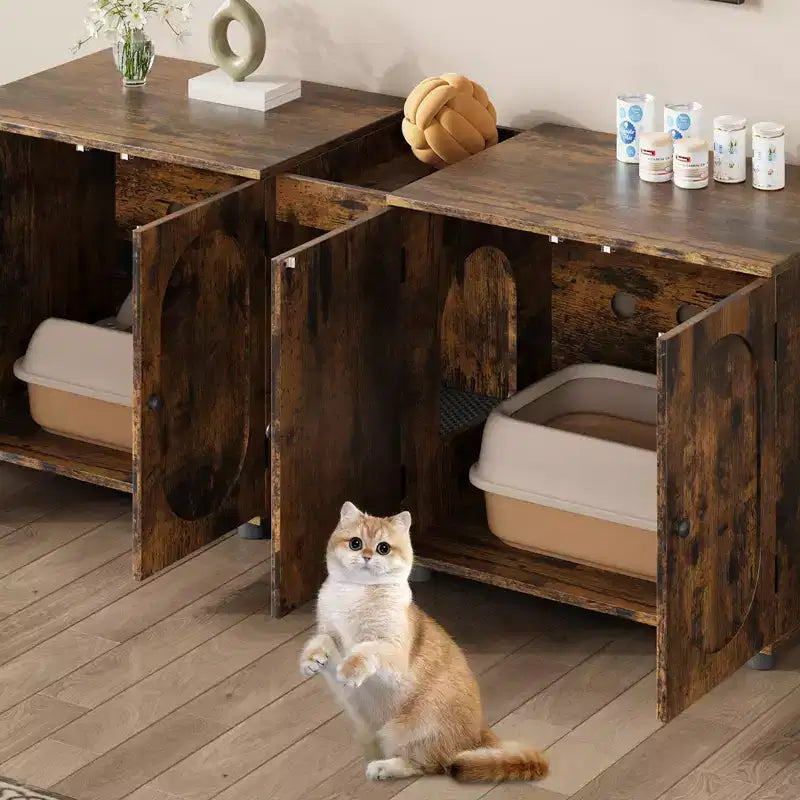 Double Cat Litter Box Enclosure, 55.1 Large Hidden Litter Box Furniture, Wooden Pet House Side Table with Scratching Pad for Living Room