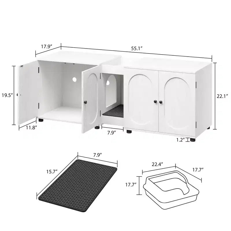 Double Cat Litter Box Enclosure, 55.1 Large Hidden Litter Box Furniture, Wooden Pet House Side Table with Scratching Pad for Living Room