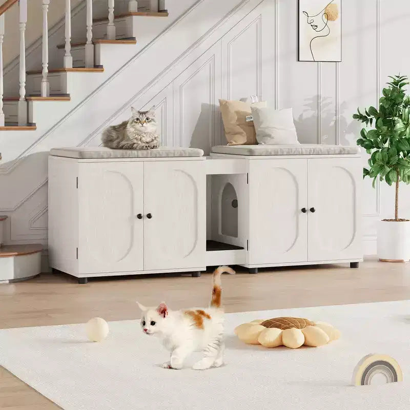 Meuble cache-litière double pour chat, grande maison de toilette cachée de 140 cm, table d'appoint en bois pour animaux de compagnie avec tapis à gratter pour salon