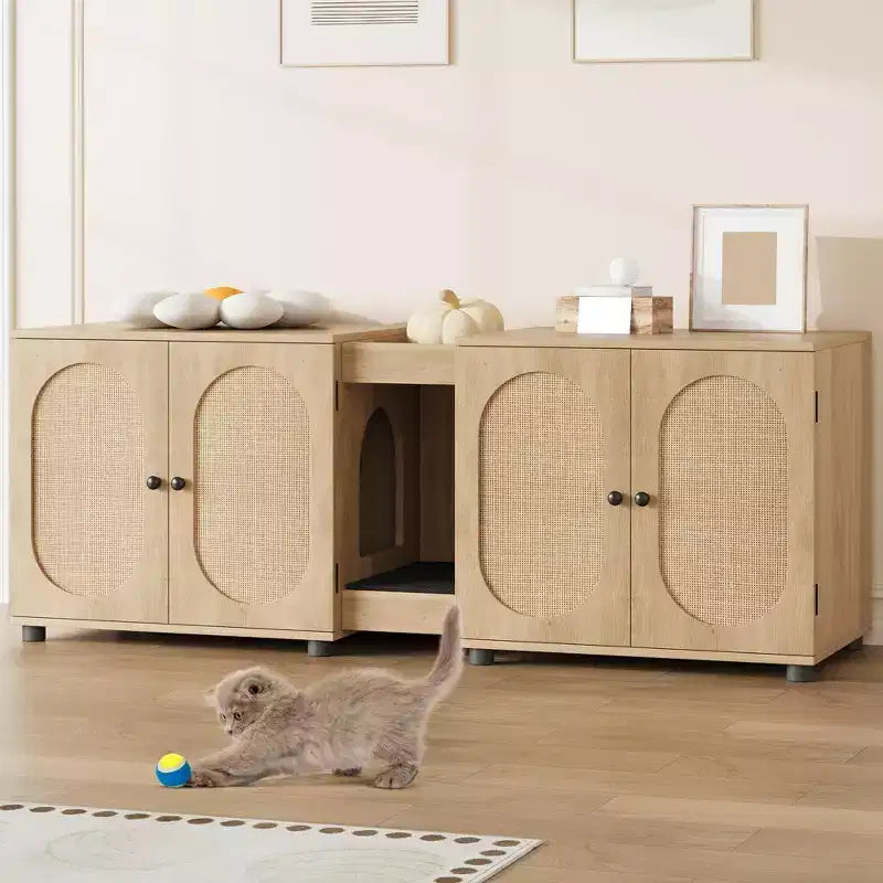 Meuble cache-litière double pour chat, grande maison de toilette cachée de 140 cm, table d'appoint en bois pour animaux de compagnie avec tapis à gratter pour salon