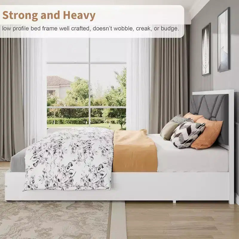 King Size Upholstered Bed Frame, Tufted Design Soft Headboard, Wooden Slat Support, Mattress Foundation, Stable & Quiet Full Bed Frame for Bedroom