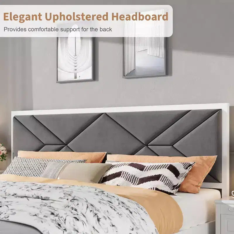 King Size Upholstered Bed Frame, Tufted Design Soft Headboard, Wooden Slat Support, Mattress Foundation, Stable & Quiet Full Bed Frame for Bedroom