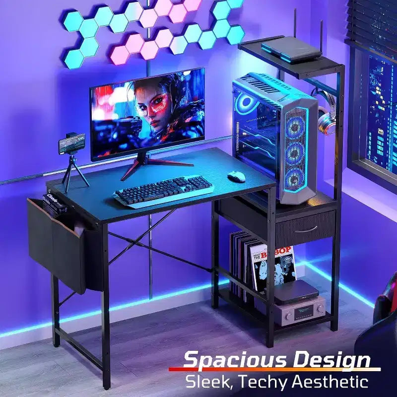 Bestier 45 RGB LED Gaming Desk with Headphone Hook & Drawer, Reversible Ergonomic Computer Desk Gamer Table with Storage Bag for Home Office, Black