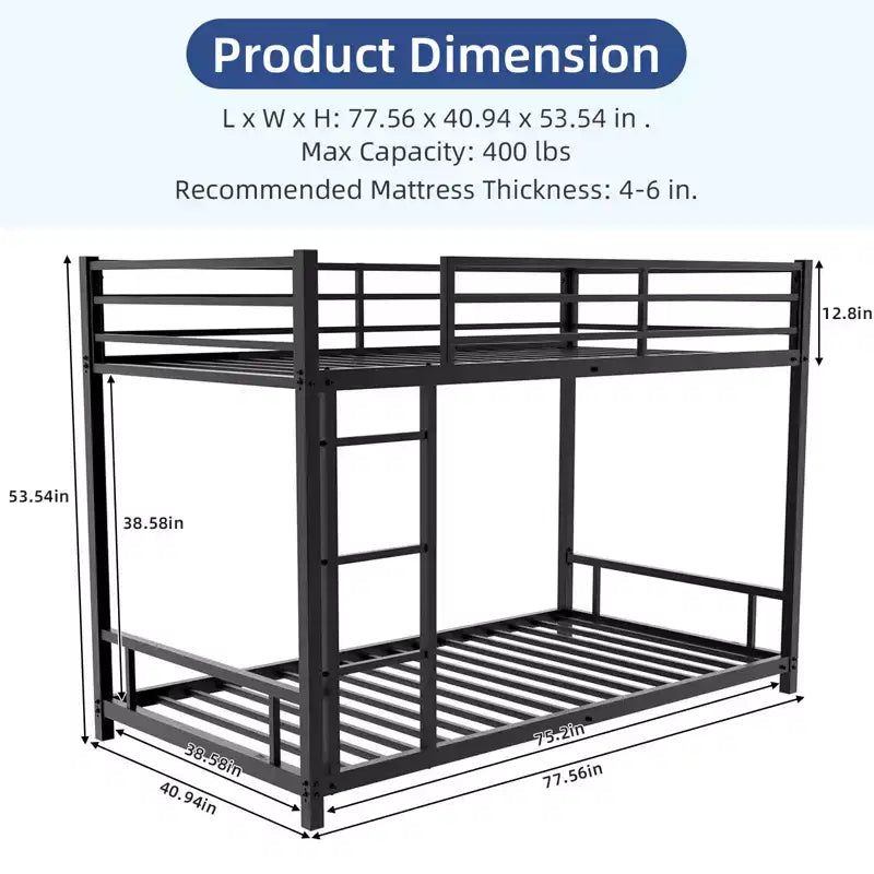 GDFStudio Ayaan Modern Metal Bunk Bed with Safety Guardrail and Ladder Design