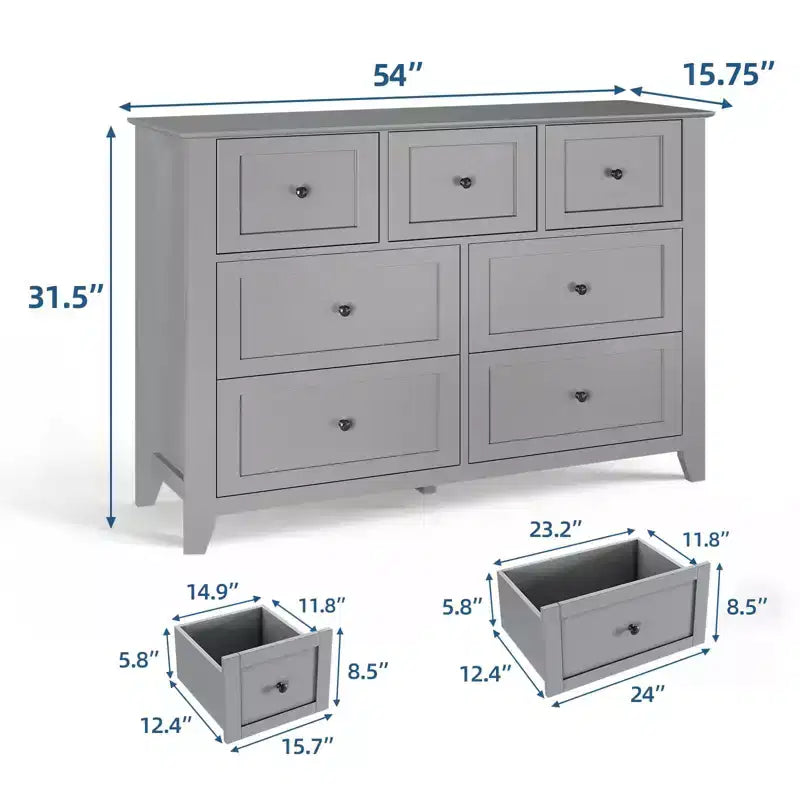 Modern 7-Drawer Wide Dresser with Metal Knobs, Wood Storage Chest for Bedroom, Hallway, or Entryway Organization