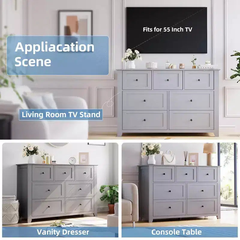 Modern 7-Drawer Wide Dresser with Metal Knobs, Wood Storage Chest for Bedroom, Hallway, or Entryway Organization