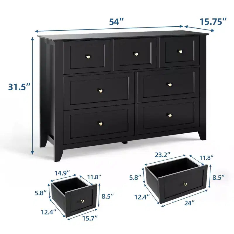 Modern 7-Drawer Wide Dresser with Metal Knobs, Wood Storage Chest for Bedroom, Hallway, or Entryway Organization