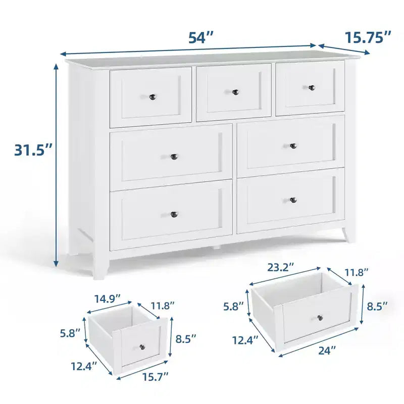 Modern 7-Drawer Wide Dresser with Metal Knobs, Wood Storage Chest for Bedroom, Hallway, or Entryway Organization