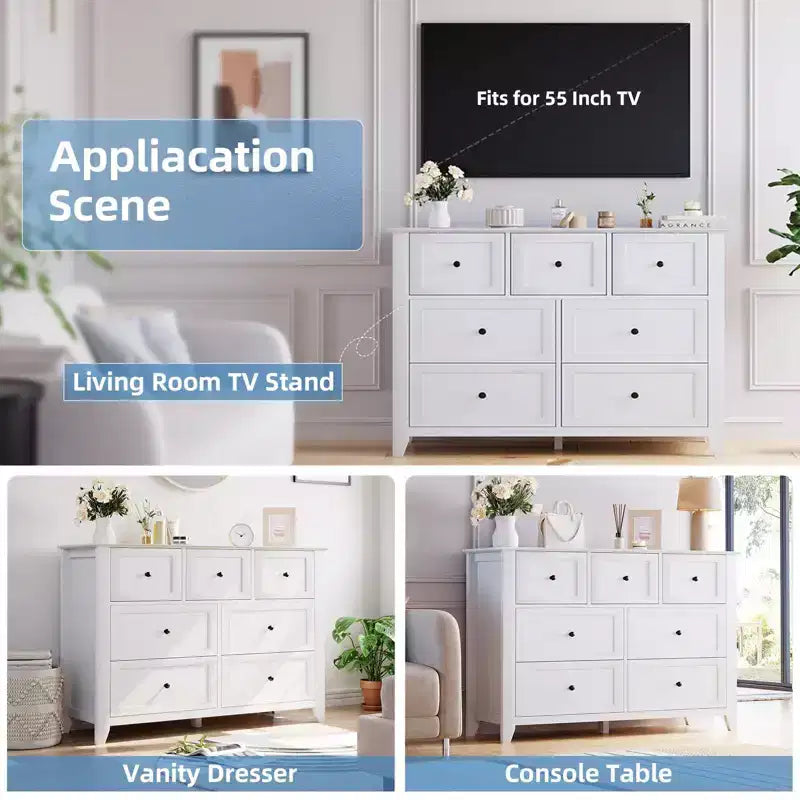 Modern 7-Drawer Wide Dresser with Metal Knobs, Wood Storage Chest for Bedroom, Hallway, or Entryway Organization