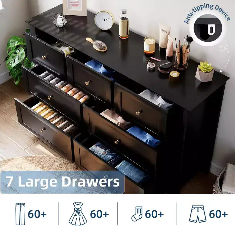 Modern 7-Drawer Wide Dresser with Metal Knobs, Wood Storage Chest for Bedroom, Hallway, or Entryway Organization