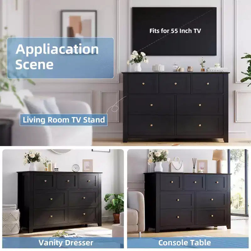 Modern 7-Drawer Wide Dresser with Metal Knobs, Wood Storage Chest for Bedroom, Hallway, or Entryway Organization