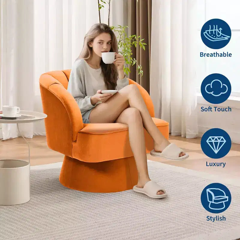 Modern 360 Swivel Barrel Accent Chair, Velvet Upholstered Lounge Chair with Plush Padding, Morandi Orange