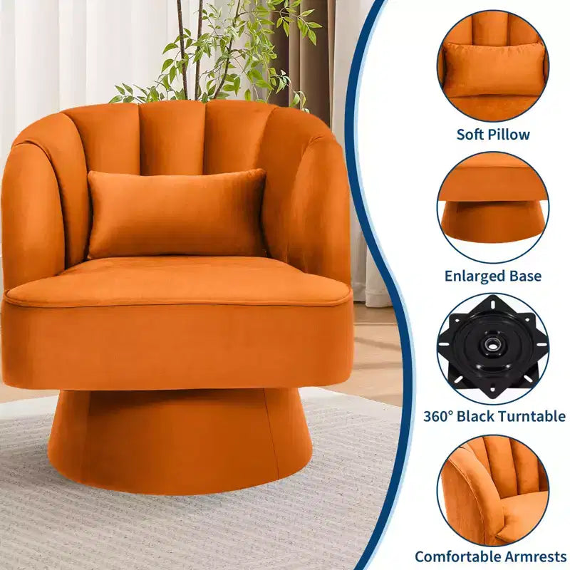 Modern 360 Swivel Barrel Accent Chair, Velvet Upholstered Lounge Chair with Plush Padding, Morandi Orange