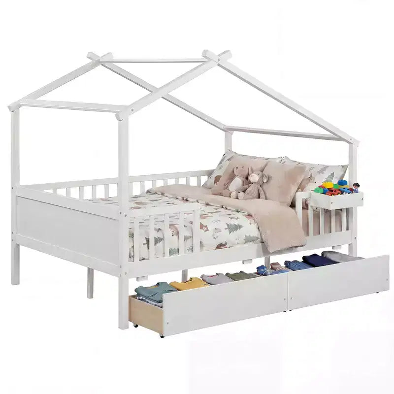 Costway Full Size Bed with 2 Storage Drawers, House-shaped Bed Frame for Kids & Teens White/Natural
