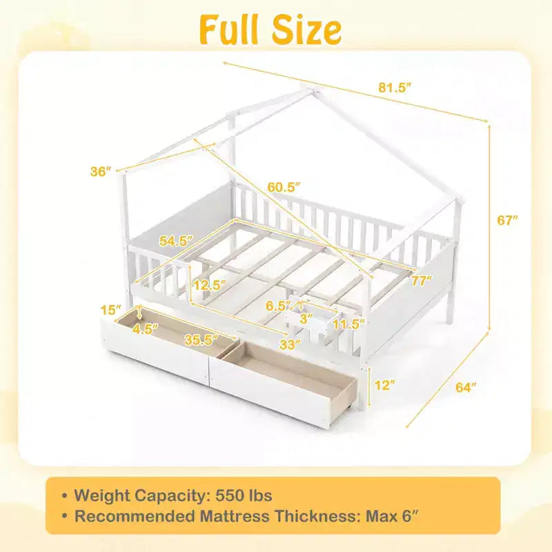 Costway Full Size Bed with 2 Storage Drawers, House-shaped Bed Frame for Kids & Teens White/Natural