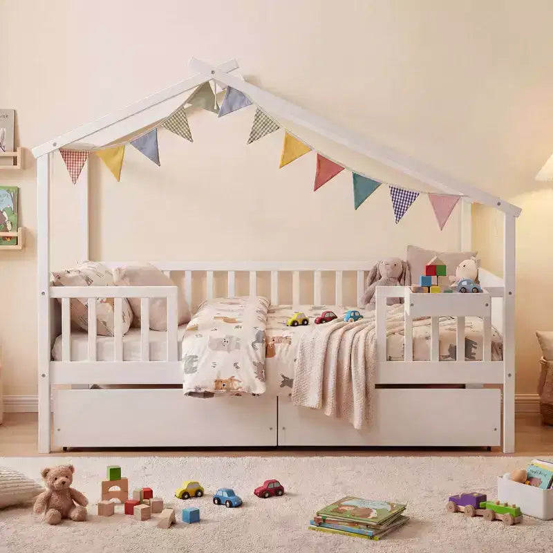 Costway Full Size Bed with 2 Storage Drawers, House-shaped Bed Frame for Kids & Teens White/Natural
