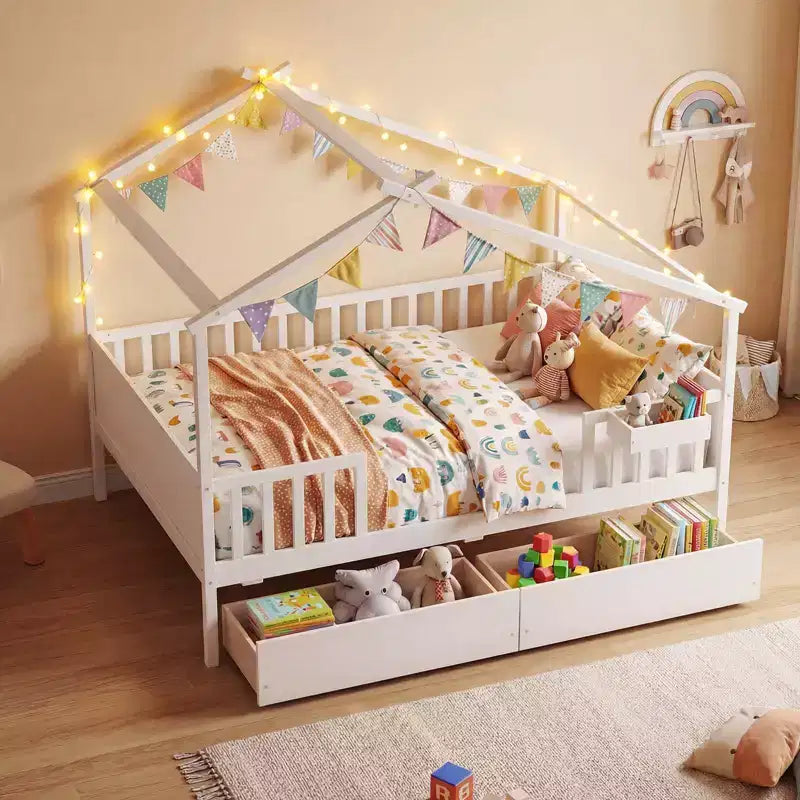 Costway Full Size Bed with 2 Storage Drawers, House-shaped Bed Frame for Kids & Teens White/Natural