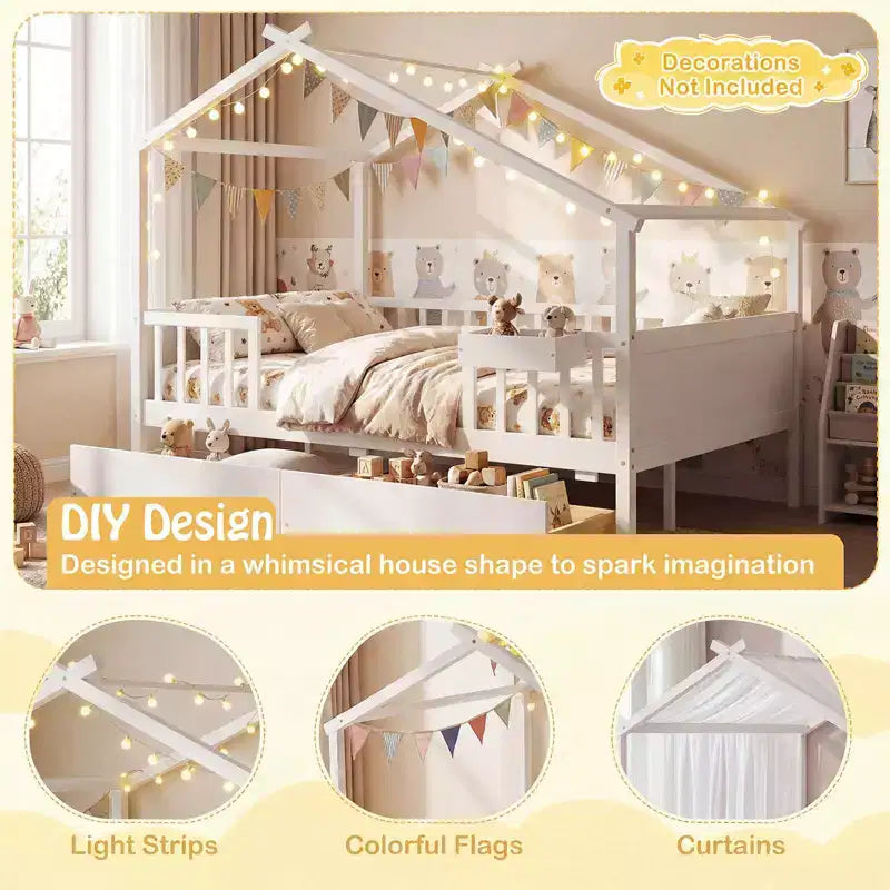 Costway Full Size Bed with 2 Storage Drawers, House-shaped Bed Frame for Kids & Teens White/Natural