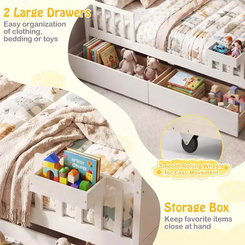 Costway Full Size Bed with 2 Storage Drawers, House-shaped Bed Frame for Kids & Teens White/Natural