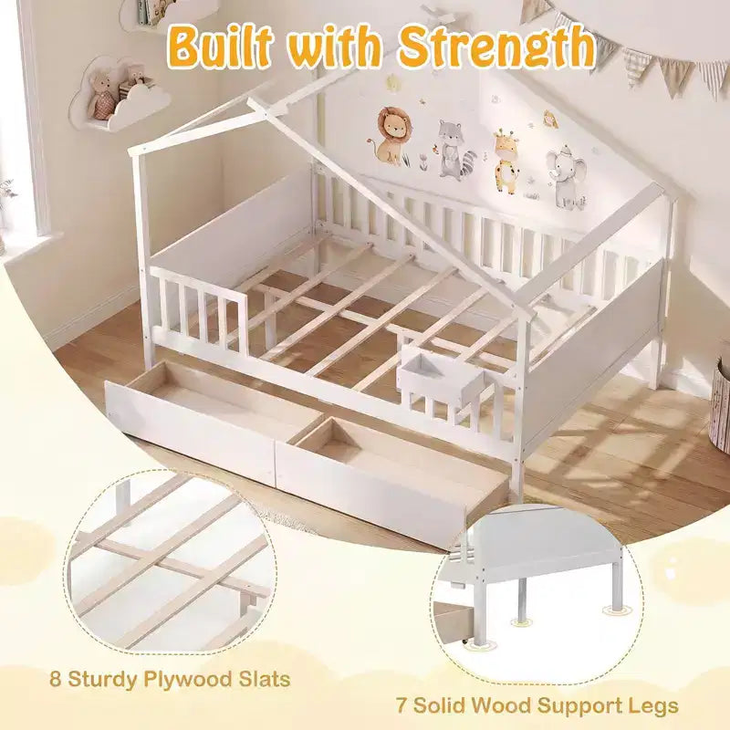 Costway Full Size Bed with 2 Storage Drawers, House-shaped Bed Frame for Kids & Teens White/Natural