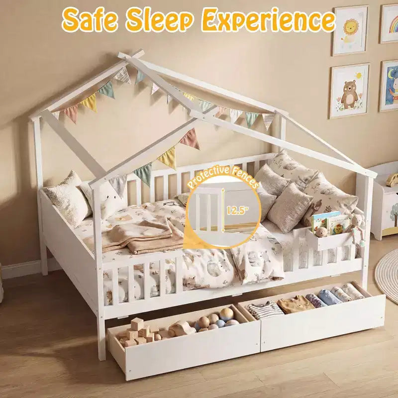 Costway Full Size Bed with 2 Storage Drawers, House-shaped Bed Frame for Kids & Teens White/Natural
