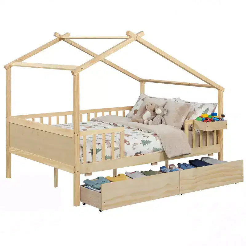 Costway Full Size Bed with 2 Storage Drawers, House-shaped Bed Frame for Kids & Teens White/Natural