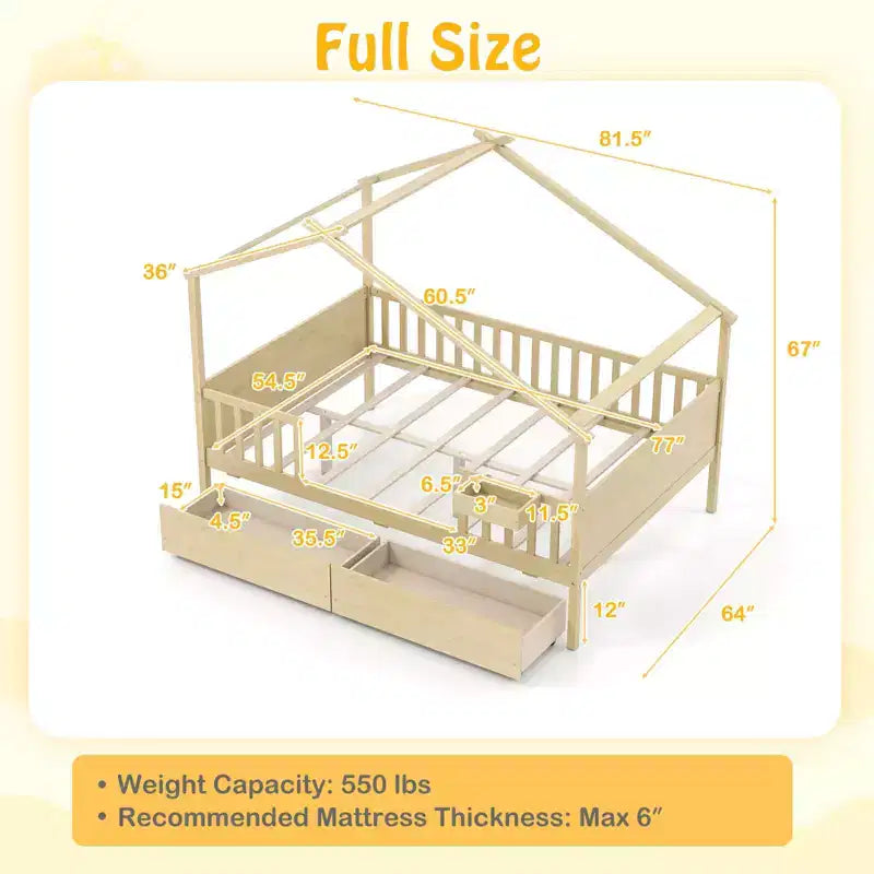 Costway Full Size Bed with 2 Storage Drawers, House-shaped Bed Frame for Kids & Teens White/Natural