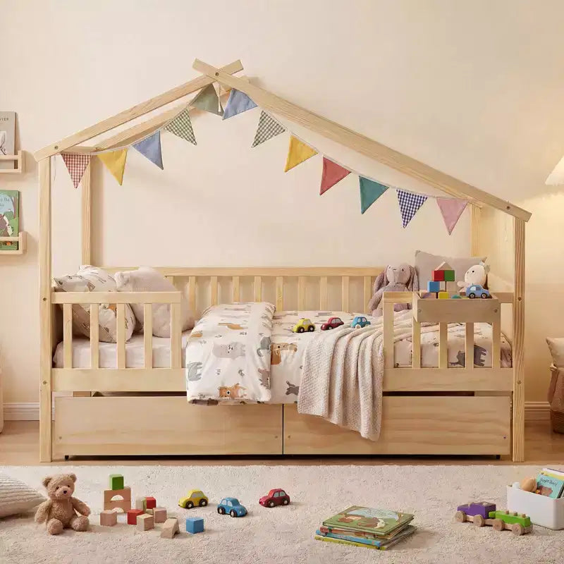 Costway Full Size Bed with 2 Storage Drawers, House-shaped Bed Frame for Kids & Teens White/Natural
