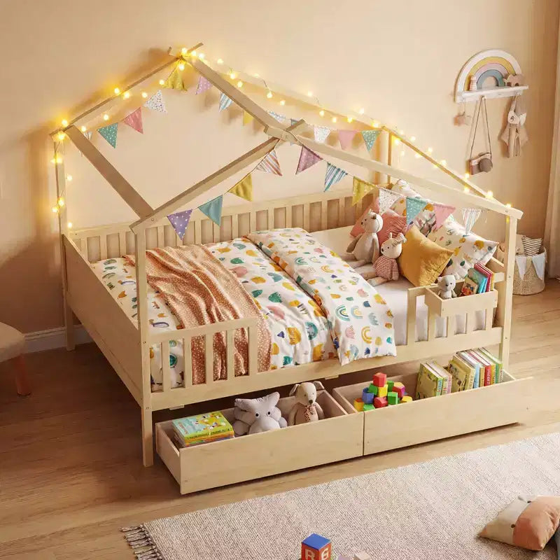 Costway Full Size Bed with 2 Storage Drawers, House-shaped Bed Frame for Kids & Teens White/Natural