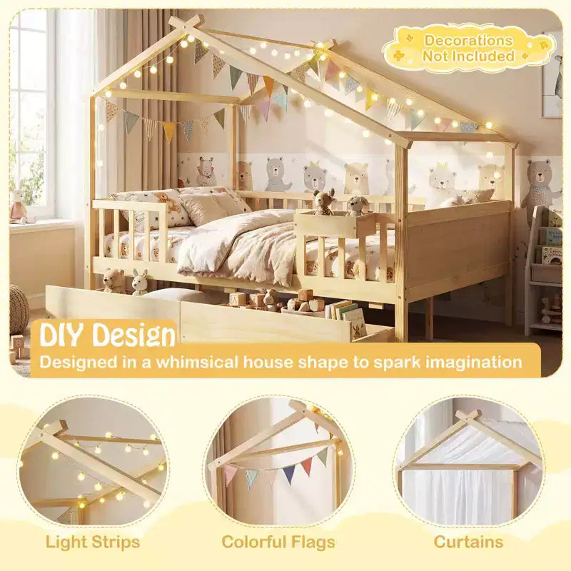 Costway Full Size Bed with 2 Storage Drawers, House-shaped Bed Frame for Kids & Teens White/Natural