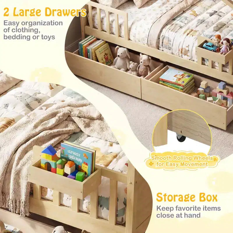 Costway Full Size Bed with 2 Storage Drawers, House-shaped Bed Frame for Kids & Teens White/Natural