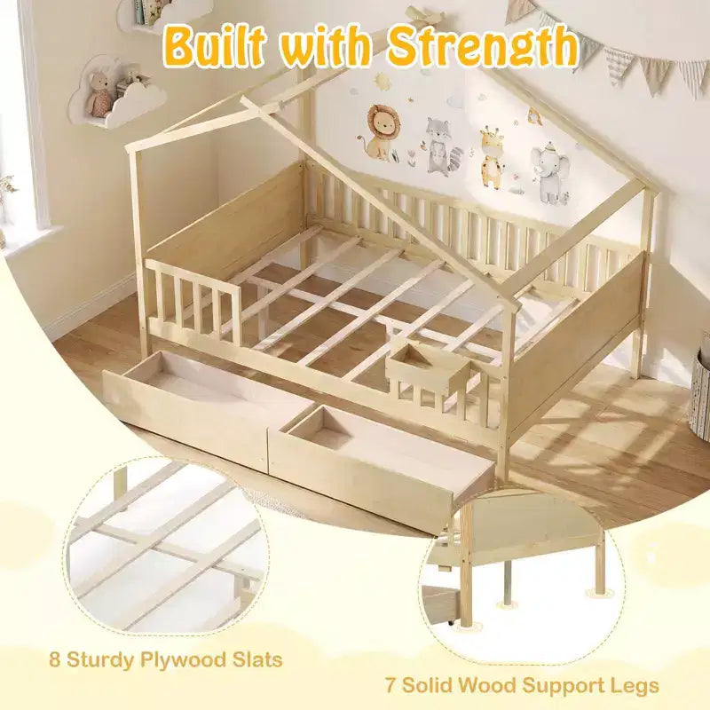 Costway Full Size Bed with 2 Storage Drawers, House-shaped Bed Frame for Kids & Teens White/Natural