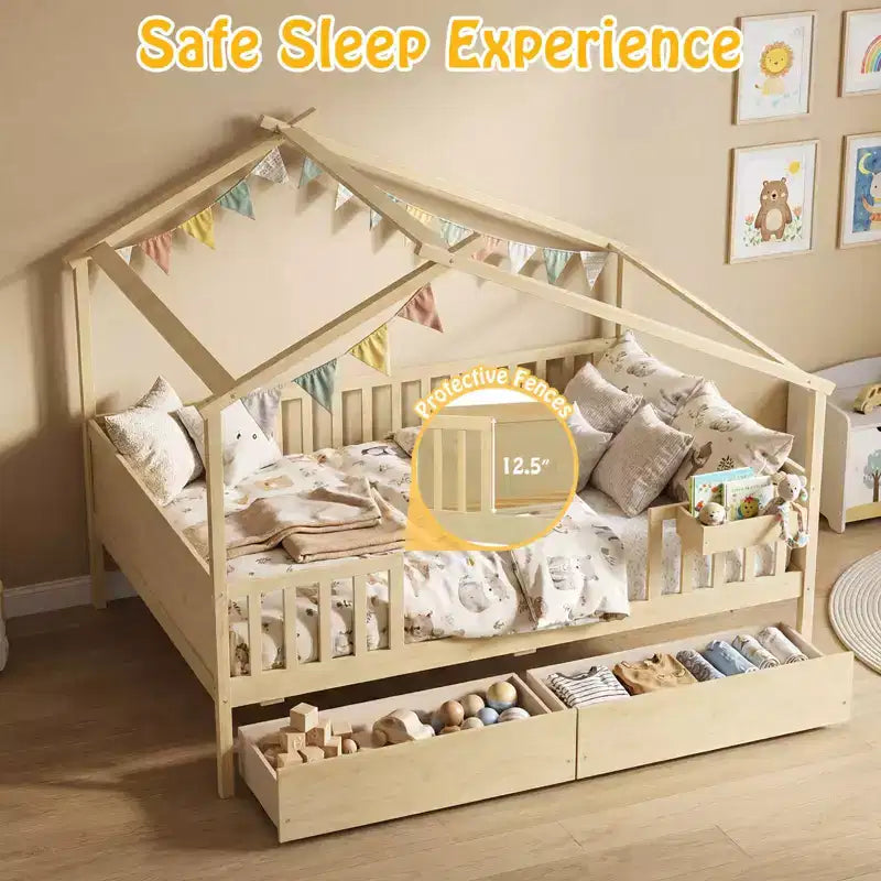 Costway Full Size Bed with 2 Storage Drawers, House-shaped Bed Frame for Kids & Teens White/Natural