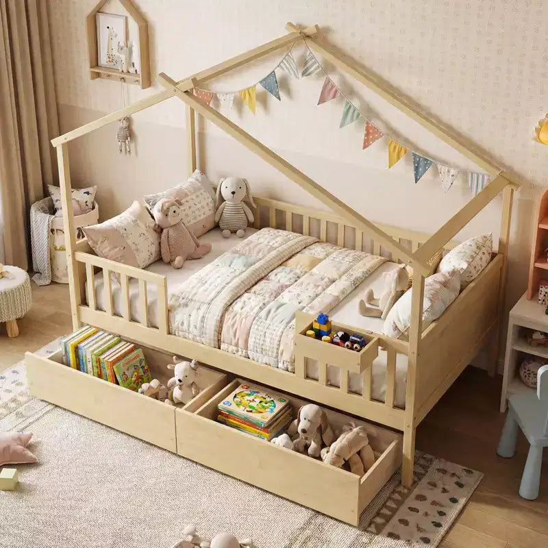 Costway Full Size Bed with 2 Storage Drawers, House-shaped Bed Frame for Kids & Teens White/Natural