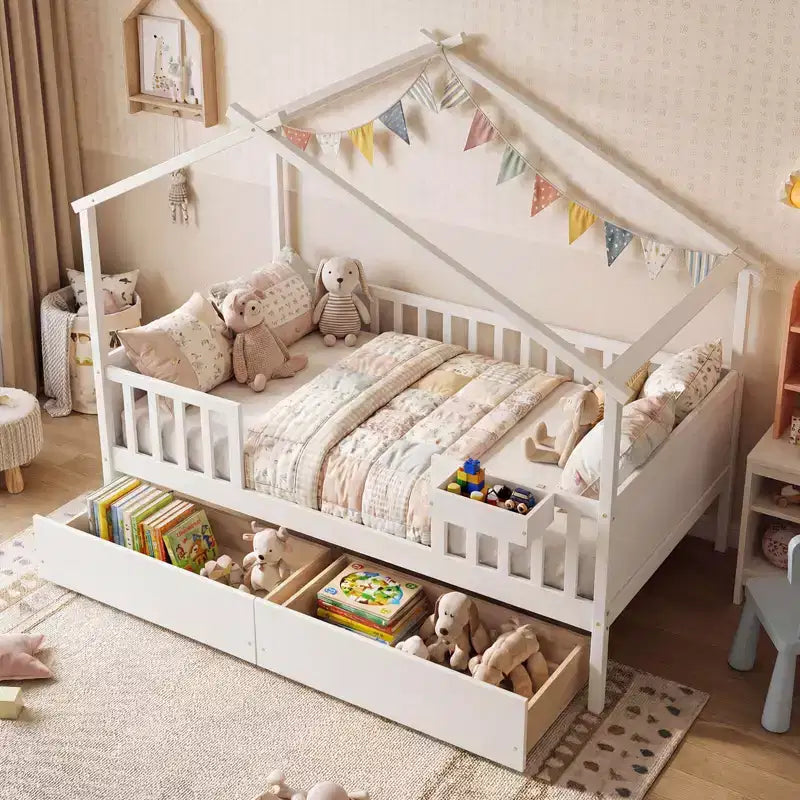 Costway Full Size Bed with 2 Storage Drawers, House-shaped Bed Frame for Kids & Teens White/Natural