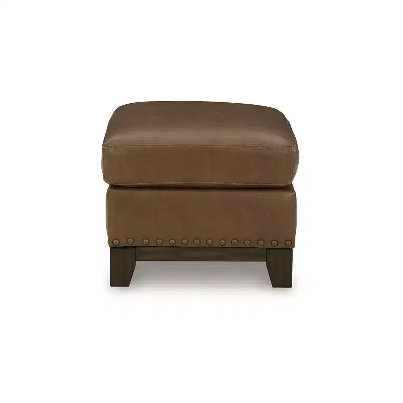 Signature Design by Ashley Brendola Ottoman, Top Grain Leather Cushion with Nailhead Trim, Amber