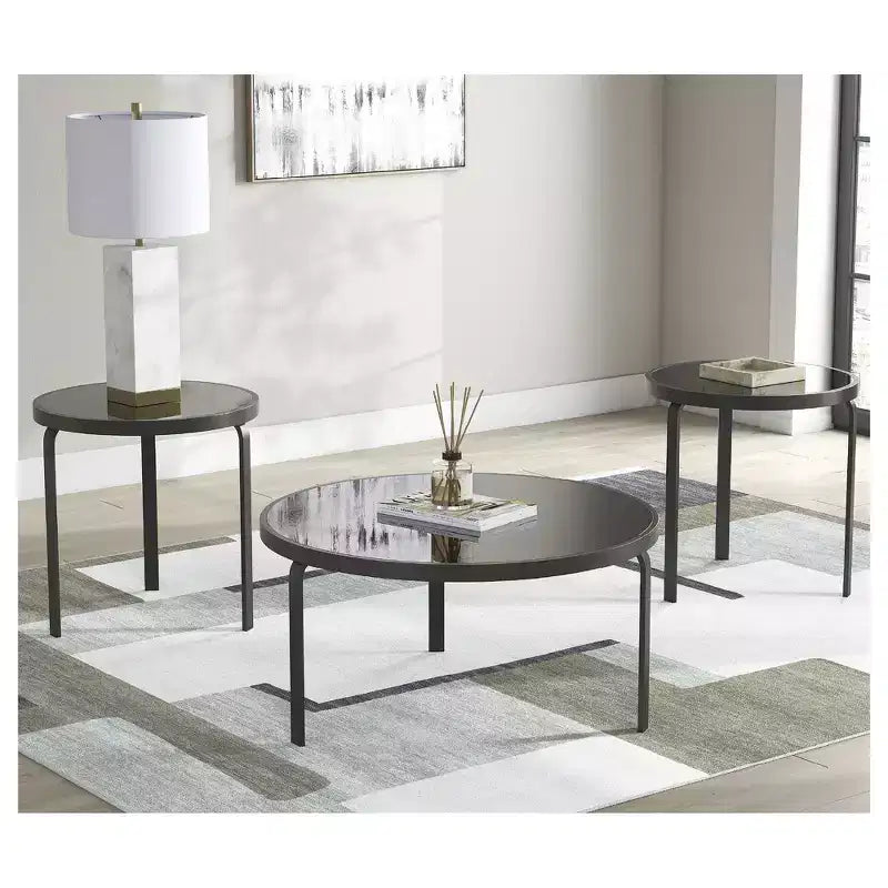 Signature Design by Ashley Dorylin Occasional Table Set, Coffee Table and 2 End Tables, Black Metal and Glass