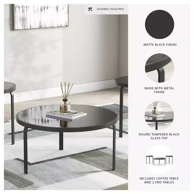 Signature Design by Ashley Dorylin Occasional Table Set, Coffee Table and 2 End Tables, Black Metal and Glass