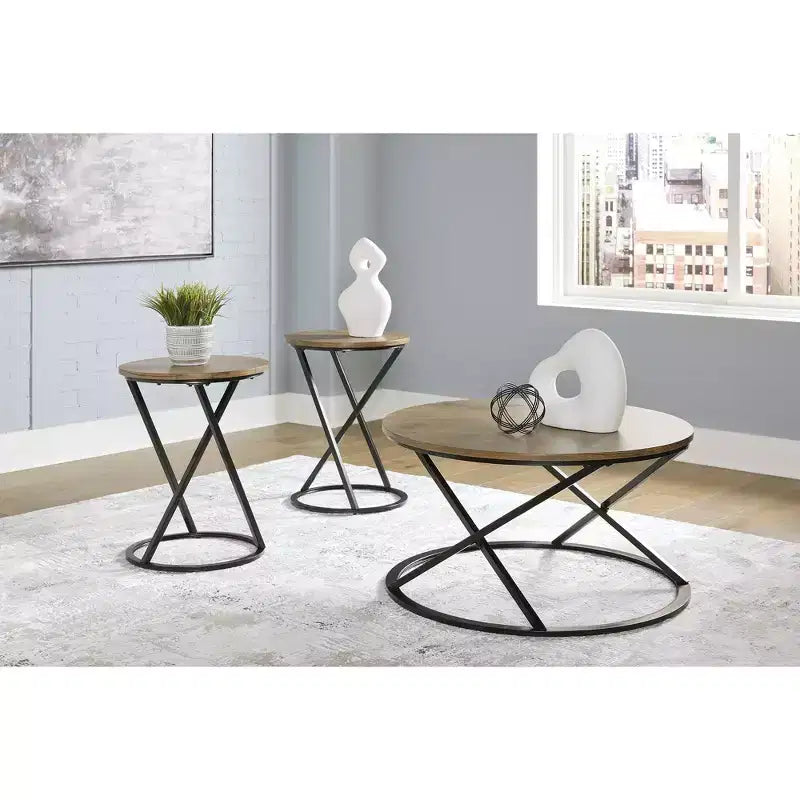 Signature Design by Ashley Cassbryn Occasional Table Set, Coffee Table and 2 End Tables, Brown Wood-Look Top with Black Metal Frame