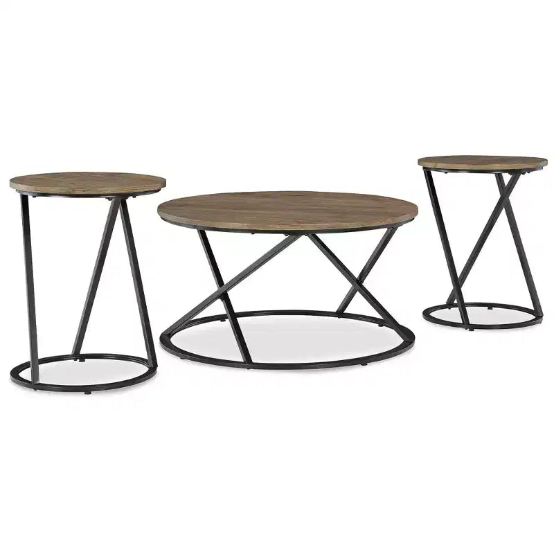 Signature Design by Ashley Cassbryn Occasional Table Set, Coffee Table and 2 End Tables, Brown Wood-Look Top with Black Metal Frame