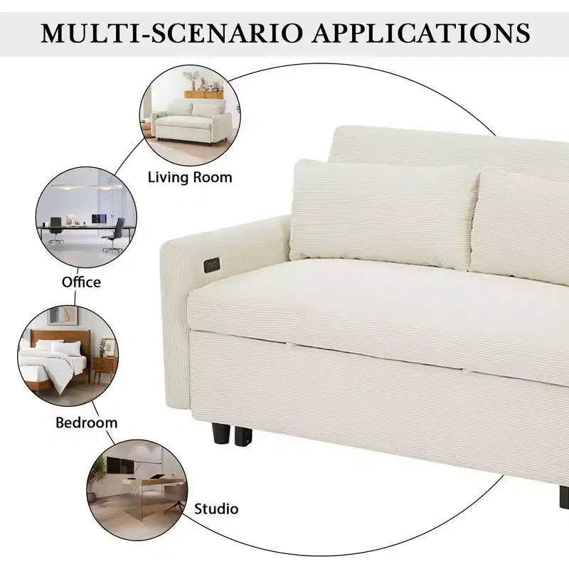 FurnitureR Modern Upholstered Sleeper Sofa with Pull-Out Bed, Convertible Loveseat Couch for Living Room, Apartment or Guest Room, Cream