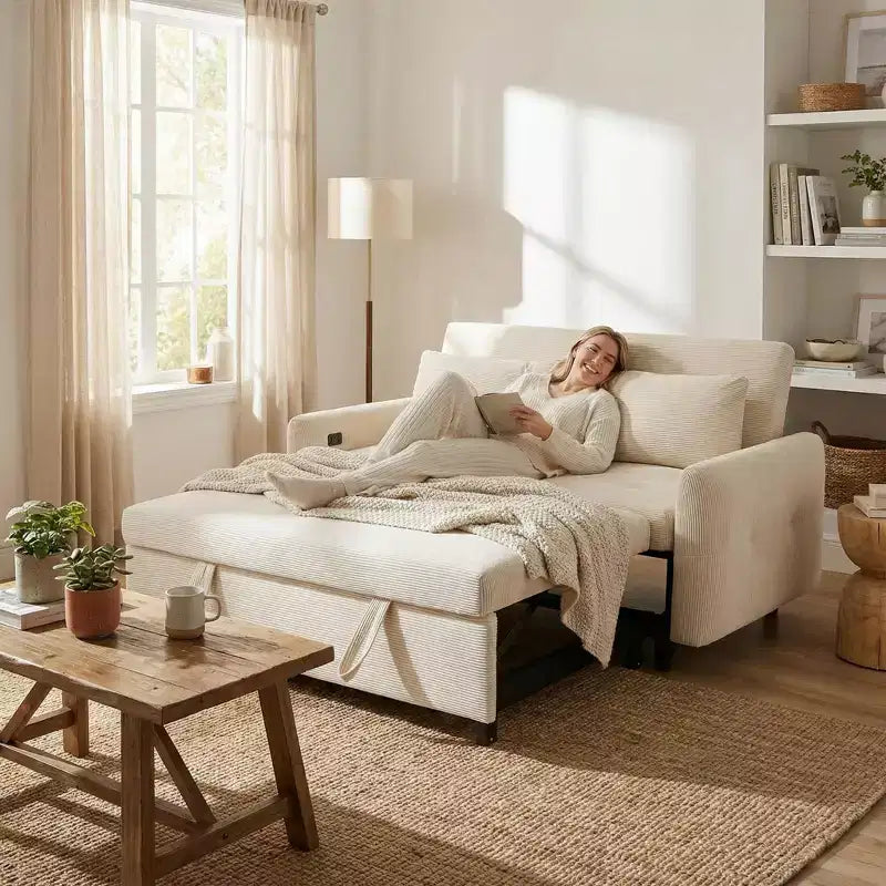FurnitureR Modern Upholstered Sleeper Sofa with Pull-Out Bed, Convertible Loveseat Couch for Living Room, Apartment or Guest Room, Cream