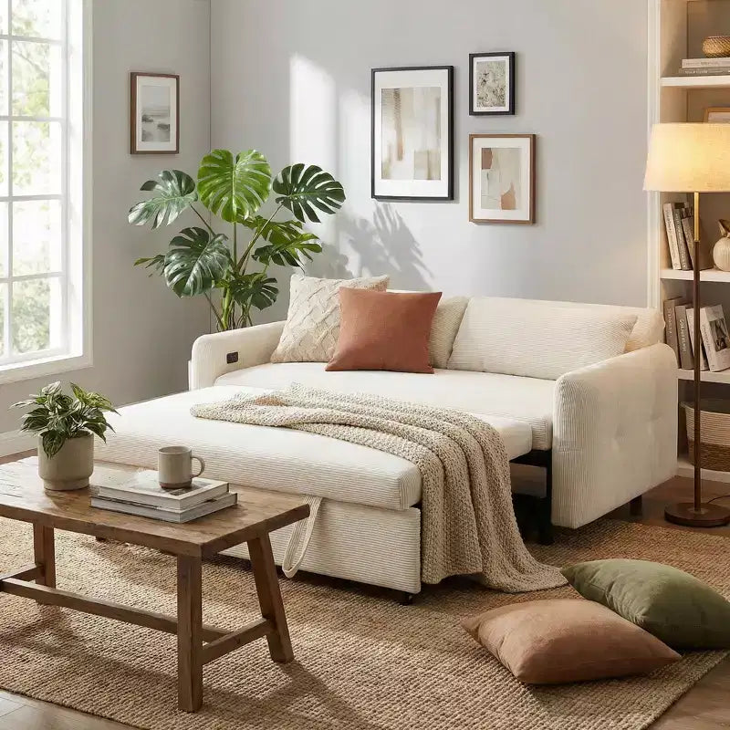 FurnitureR Modern Upholstered Sleeper Sofa with Pull-Out Bed, Convertible Loveseat Couch for Living Room, Apartment or Guest Room, Cream