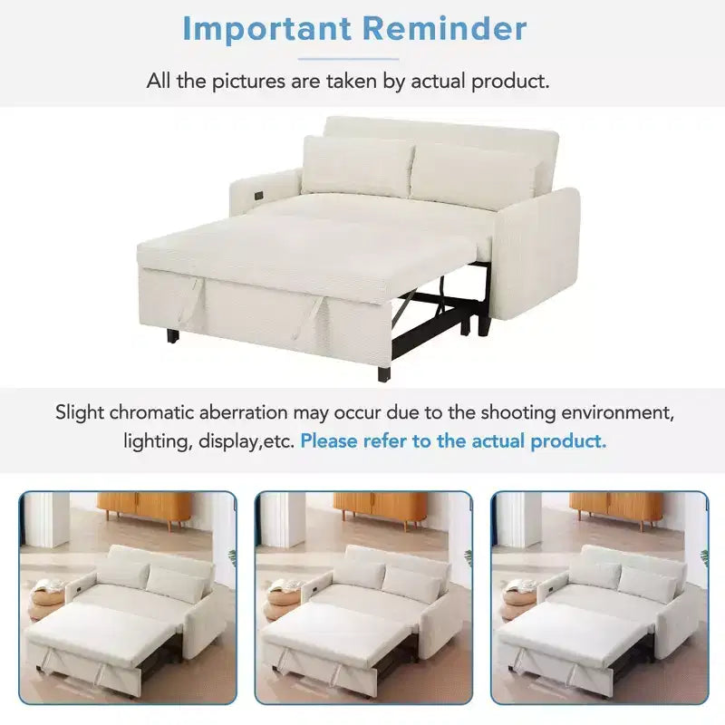 FurnitureR Modern Upholstered Sleeper Sofa with Pull-Out Bed, Convertible Loveseat Couch for Living Room, Apartment or Guest Room, Cream