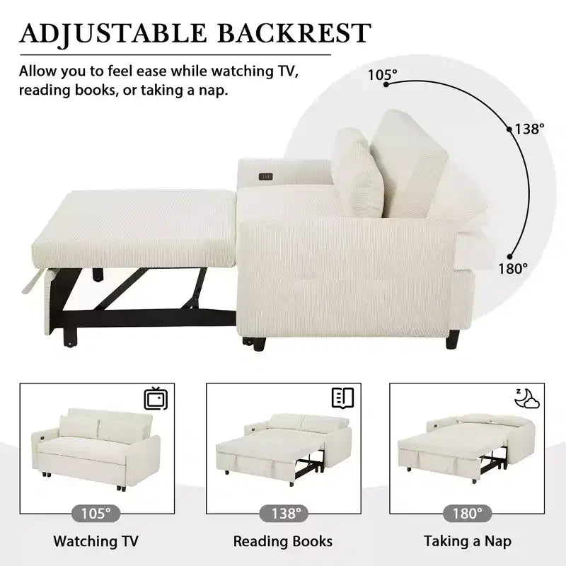 FurnitureR Modern Upholstered Sleeper Sofa with Pull-Out Bed, Convertible Loveseat Couch for Living Room, Apartment or Guest Room, Cream