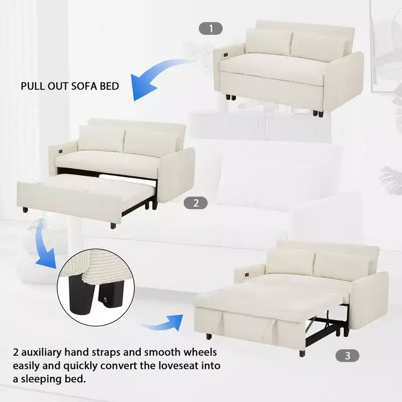 FurnitureR Modern Upholstered Sleeper Sofa with Pull-Out Bed, Convertible Loveseat Couch for Living Room, Apartment or Guest Room, Cream