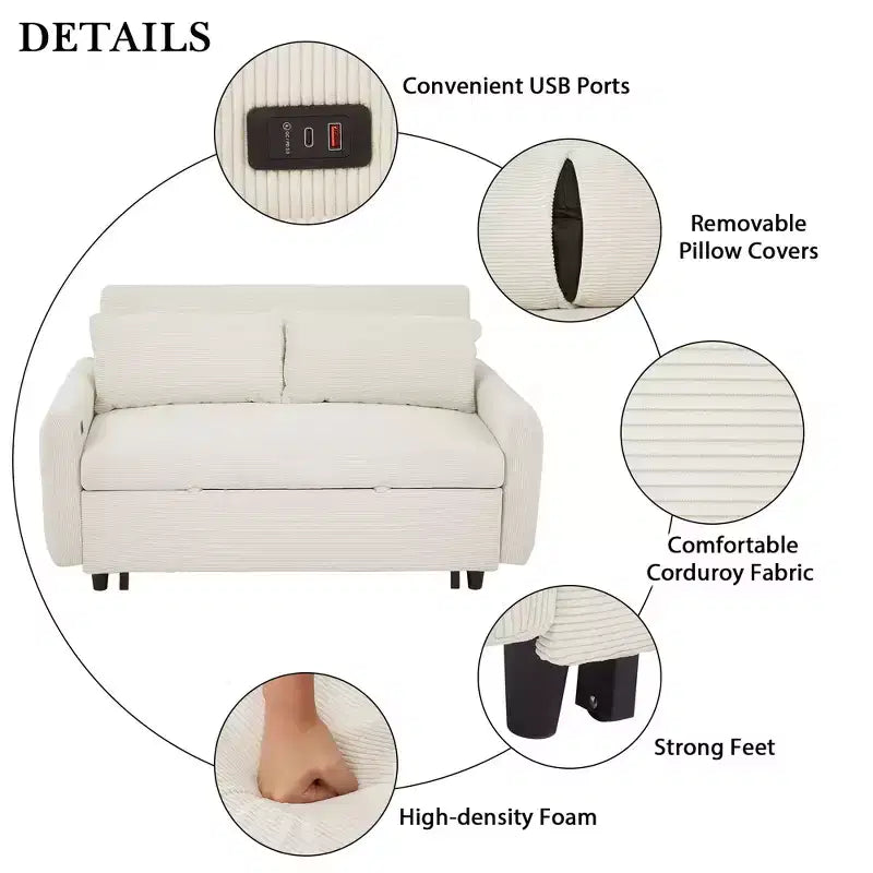 FurnitureR Modern Upholstered Sleeper Sofa with Pull-Out Bed, Convertible Loveseat Couch for Living Room, Apartment or Guest Room, Cream