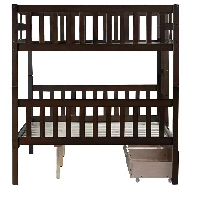 Bellemave Full Over Full Bunk Bed with 2 Drawers and Ladder , Rubber Wood Bunk Bed with Safety Guardrails ,Convertible into 2 Full Beds