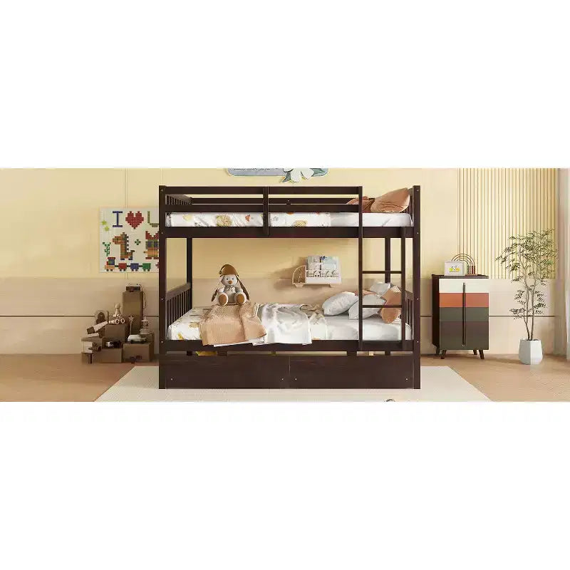 Bellemave Full Over Full Bunk Bed with 2 Drawers and Ladder , Rubber Wood Bunk Bed with Safety Guardrails ,Convertible into 2 Full Beds