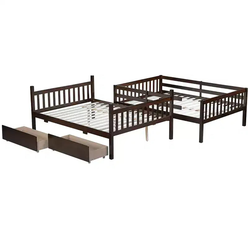 Bellemave Full Over Full Bunk Bed with 2 Drawers and Ladder , Rubber Wood Bunk Bed with Safety Guardrails ,Convertible into 2 Full Beds